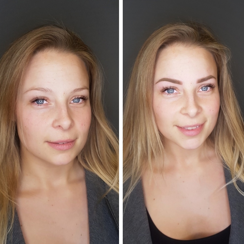 Permanente make-up voor de wenkbrauwen. Voor- en na de behandeling.